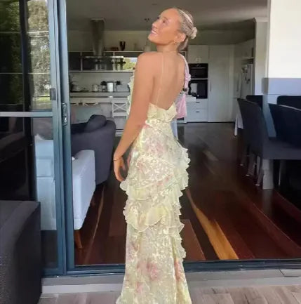 Backless Flounce Spaghetti Strap Dress