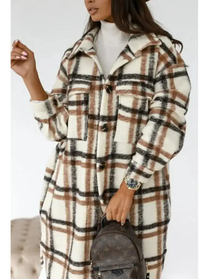 Women's Plaid Printed Long Overcoat Jacket