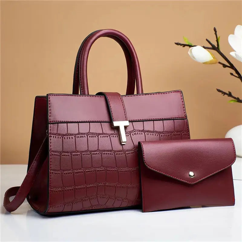 Crocodile Embossed Satchel Bag Set with Mini Purse