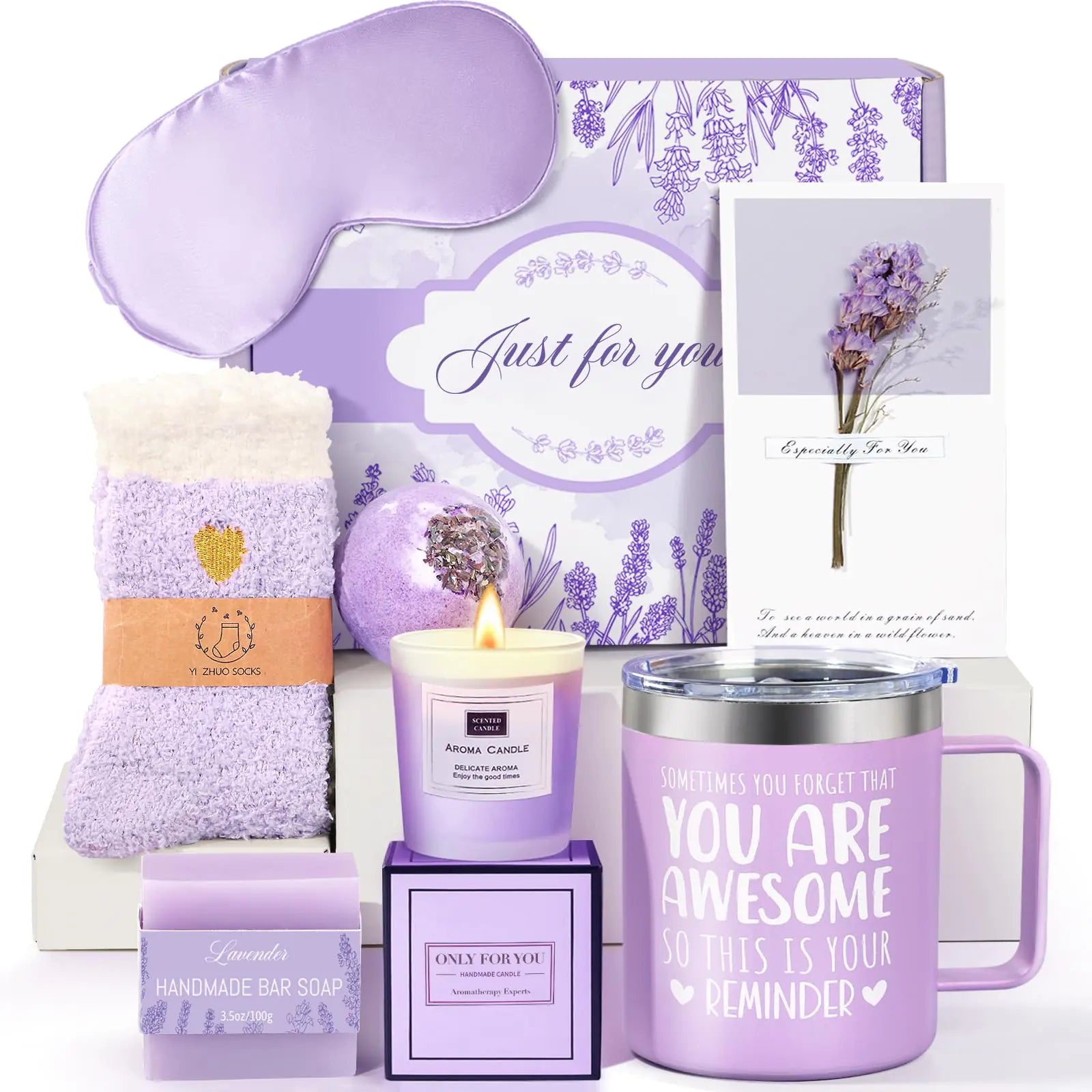 Birthday Gifts for Women Lavender Spa Gift Basket Set for Women Self Care Relaxing Bath Set Purple Gifts Valentines Gifts Inspirational Gift for Mom Wife Her Female Sister Teacher Best Friend Coworker