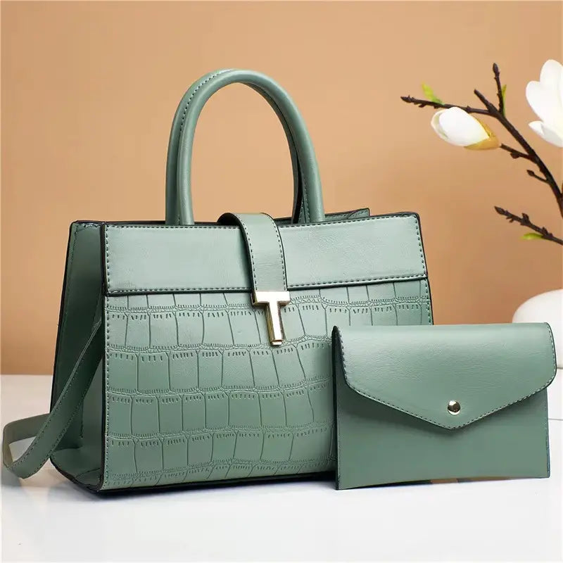 Crocodile Embossed Satchel Bag Set with Mini Purse