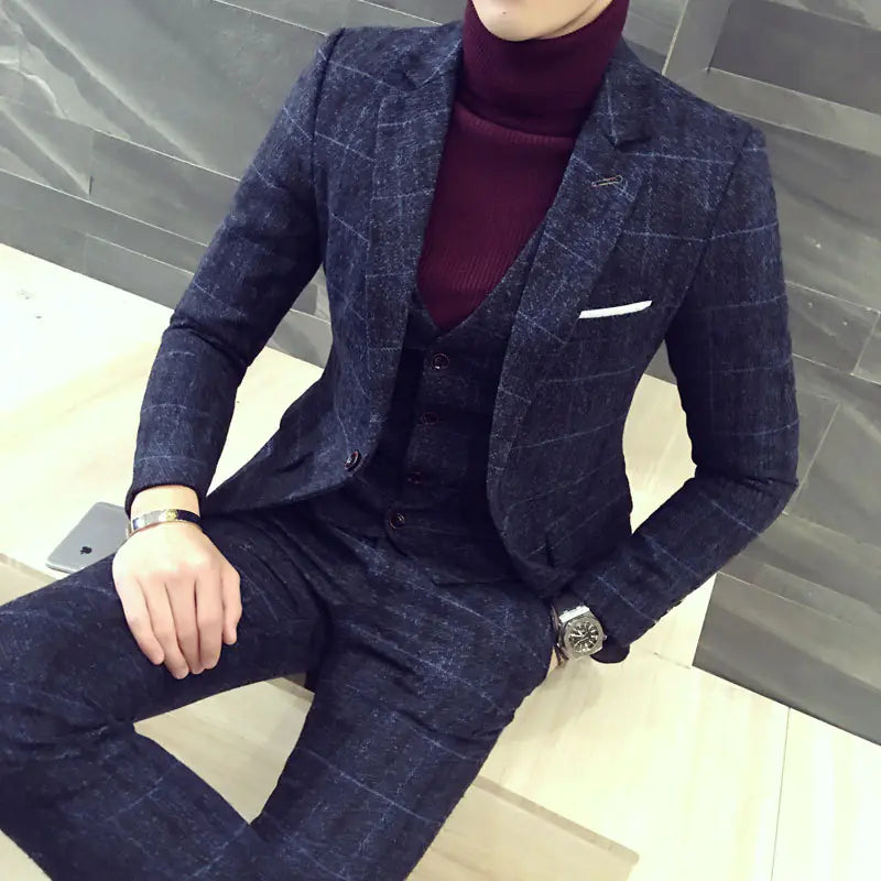 3-Piece Korean Slim Fit Men's Suit with Checkered Blazer