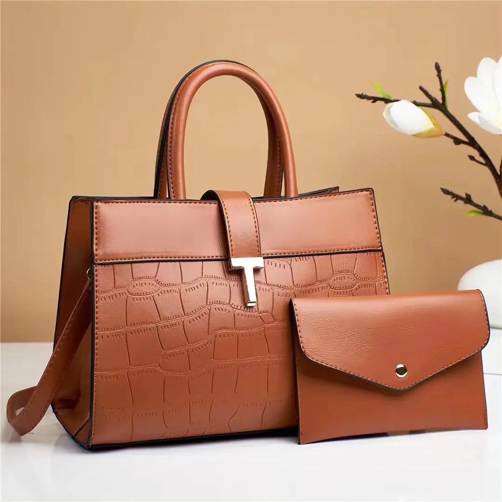 Crocodile Embossed Satchel Bag Set with Mini Purse