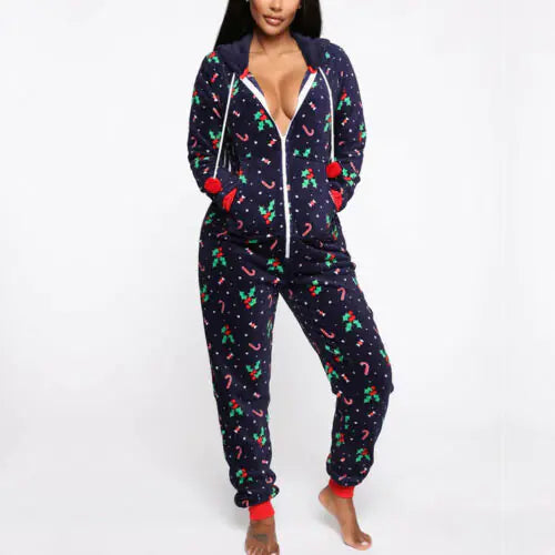 2020 Christmas Print Hooded Jumpsuit for Home Wear