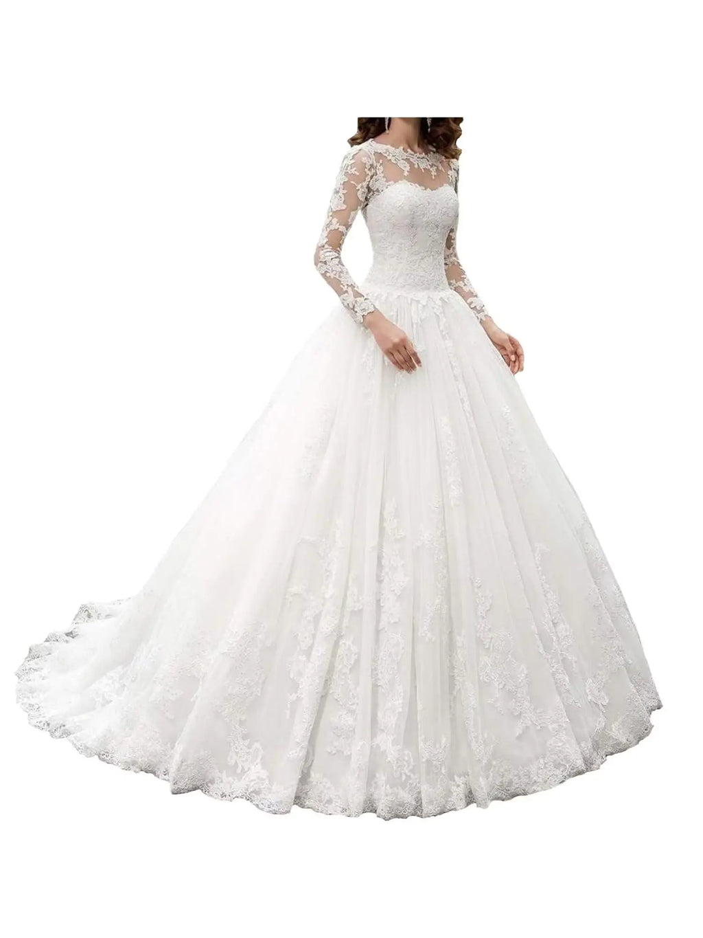 Lace Aline Wedding Dresses for Bride with Sleeves Tulle Elegant Bridal Formal Ball Gowns with Train White 14