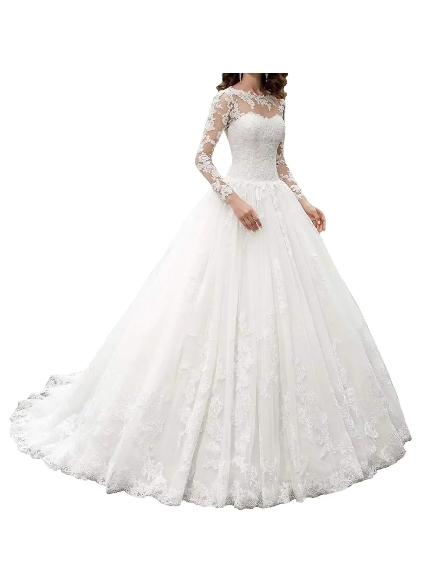 Lace Aline Wedding Dresses for Bride with Sleeves Tulle Elegant Bridal Formal Ball Gowns with Train White 14