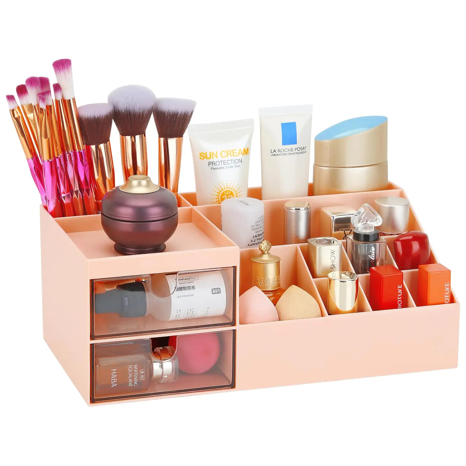 LETURE Desk Organizer Cosmetic Makeup Vanity Organizer Box Bathroom Counter Makeup Storage for Eyeshadows Skin Care Concealers Powders Nail Polish (Pink Color)
