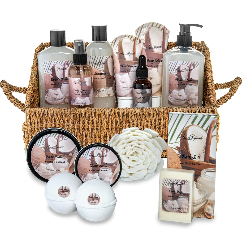 Bath Spa Gift Sets - Luxury Basket With Coconut & Vanilla - Spa Kit Includes Wash Bubble Bath Lotion Bath Salts Body Scrub Shower Puff Bathbombs Soap and Towel