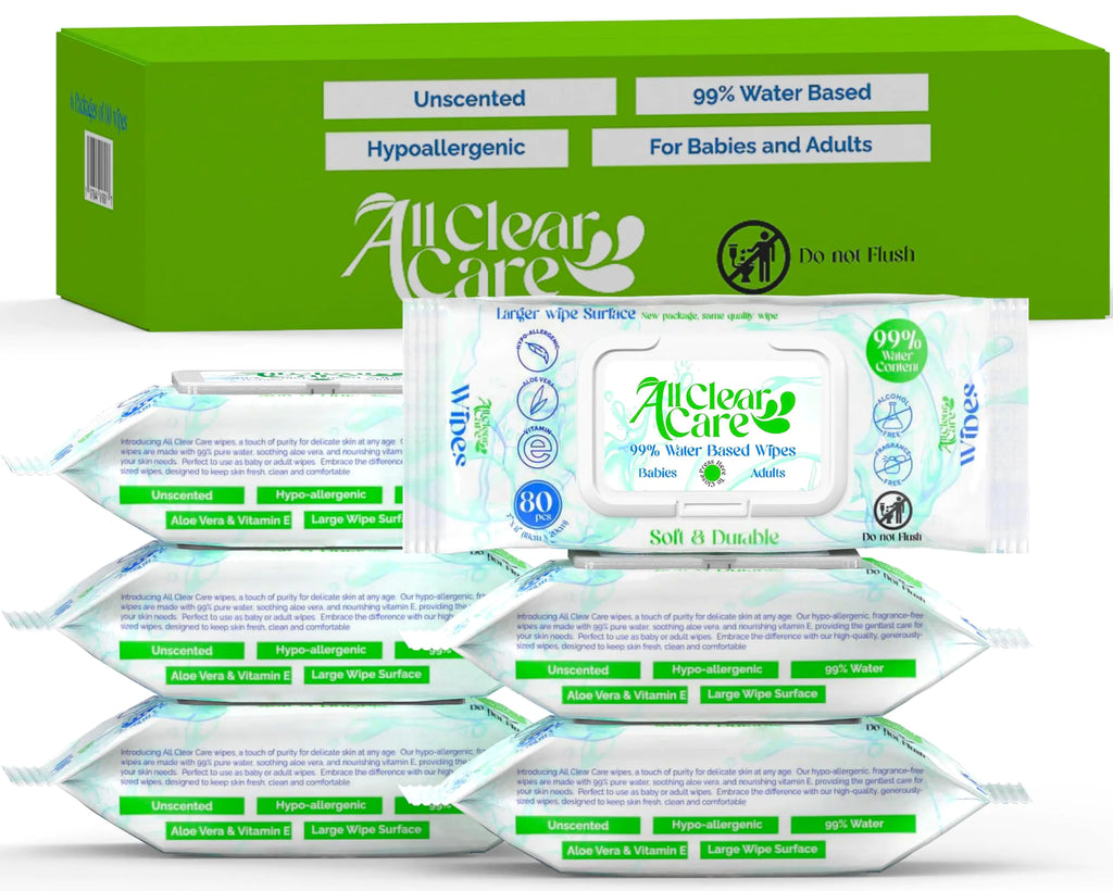 All Clear Care Baby Wipes Unscented Wipes for Sensitive Skin Large Soft Durable & 99% Water Based Gentle & Hypoallergenic for Babies & Adults Vitamin E and Aloe Flip Top Lid 6 Pack (480 Wipes)