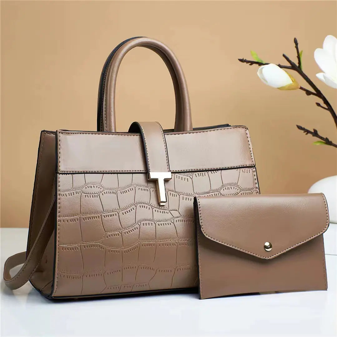 Crocodile Embossed Satchel Bag Set with Mini Purse
