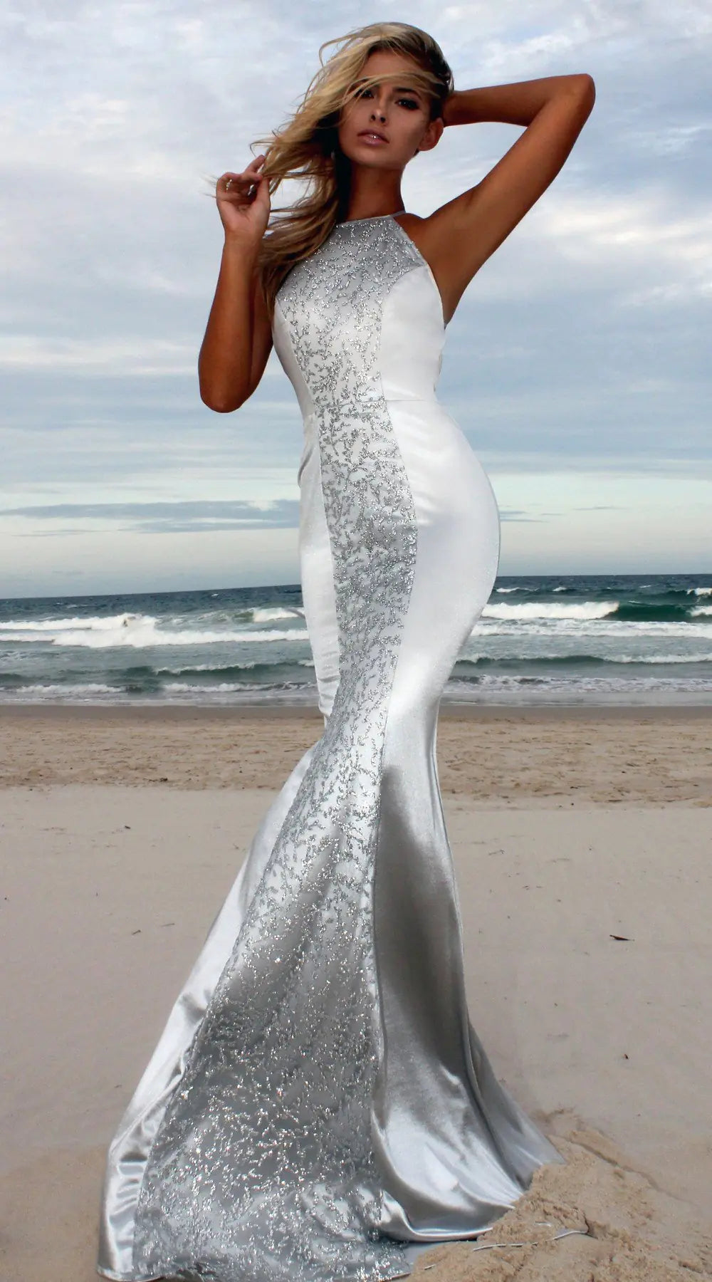 Silver Halter Backless Bodycon Dress
