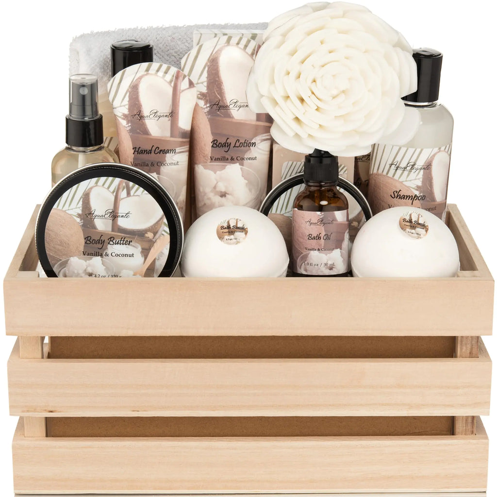 Bath Spa Gift Sets - Luxury Basket With Coconut & Vanilla - Spa Kit Includes Wash Bubble Bath Lotion Bath Salts Body Scrub Body Spray Shower Puff Bathbombs Soap and Towel