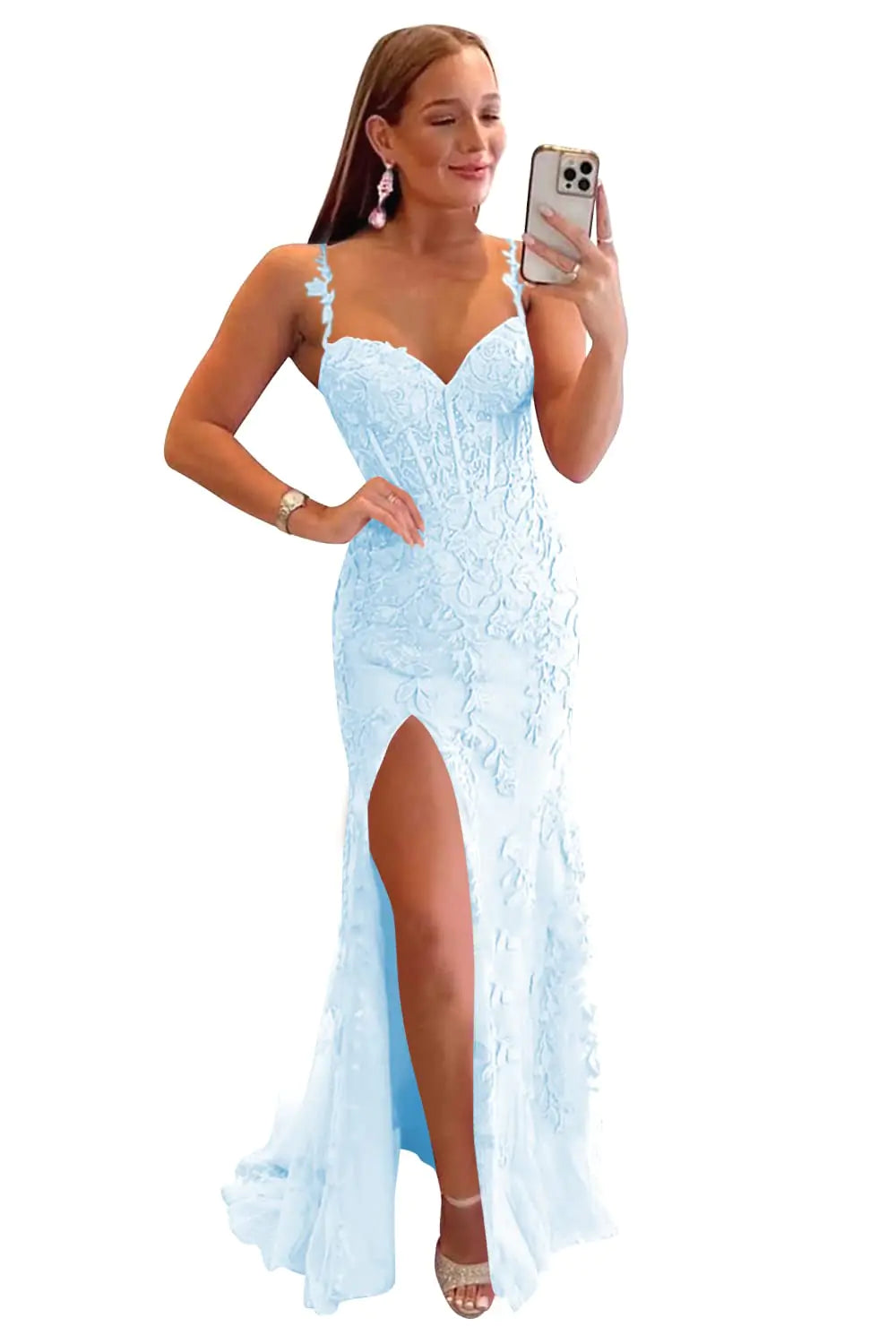 Miao Duo Sky Blue Mermaid Prom Dresses for Teens Long Lace Appliques Open Back Formal Party Gowns 2024 with Slit Sky Blue Size 12