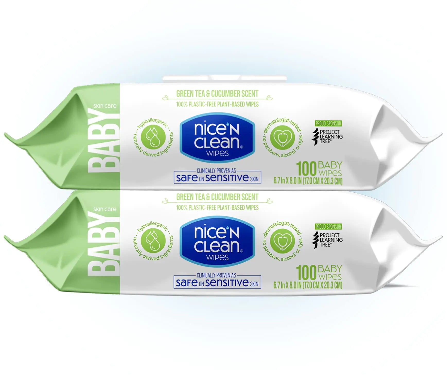 Nice n CLEAN Skin Care Baby Wipes Scented 100ct (2-Pack) | Safe on Sensitive Skin | Green Tea & Cucumber Scent | 100% Plastic-Free