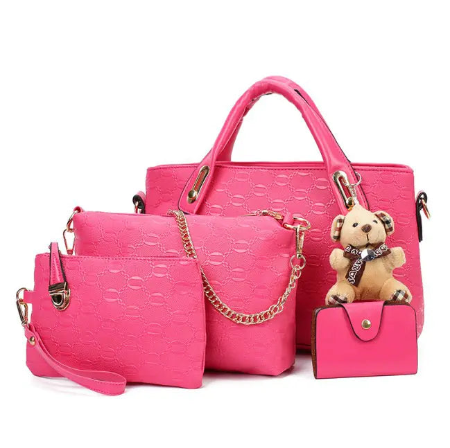 Classic Women's Purse Set with Bear Pendant Handbag