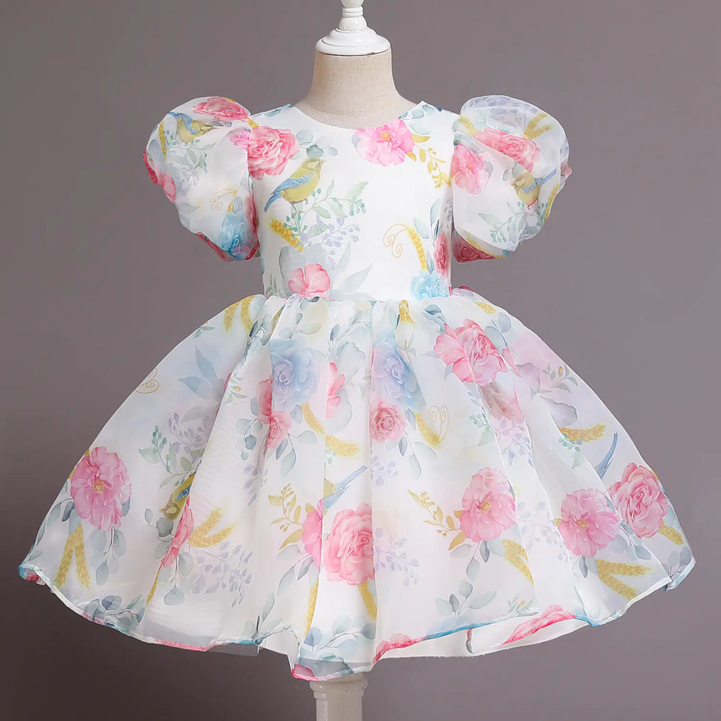 Elegant Flower Puff Sleeve Dress for Kids' Parties