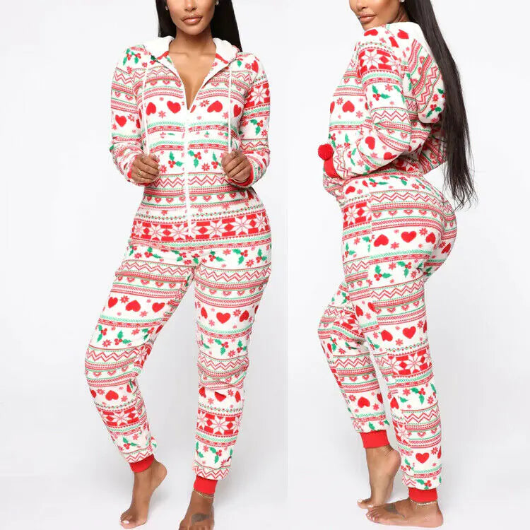 2020 Christmas Print Hooded Jumpsuit for Home Wear