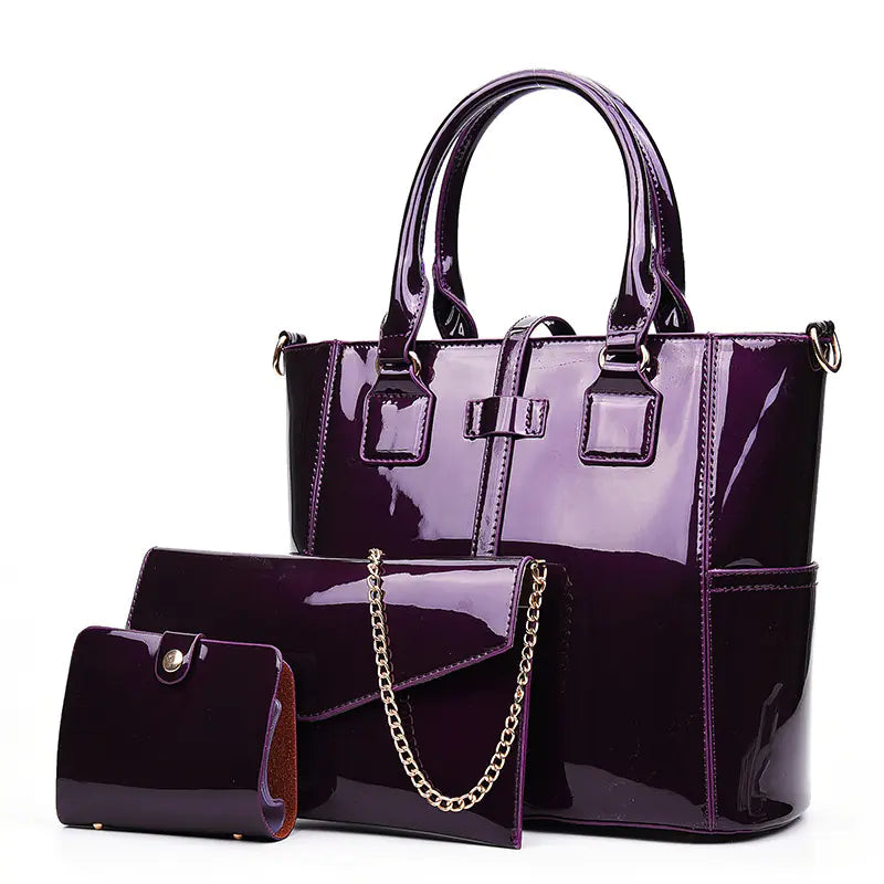 Glossy Patent Leather Bag Set with Tote, Clutch, Purse