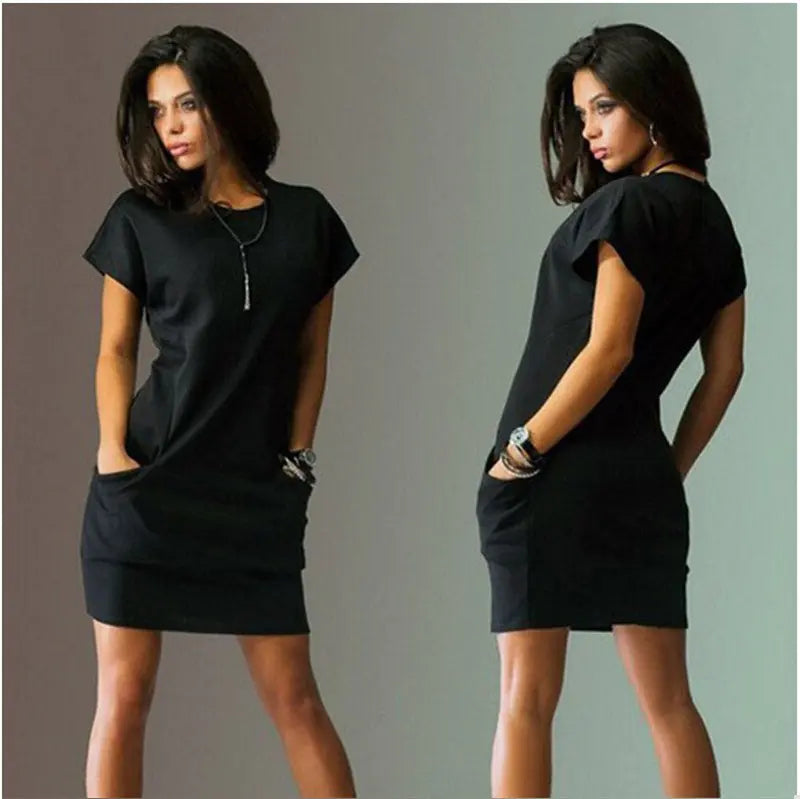 Pocket Dress, Solid Color, Slim Fit, Round Neck Dress