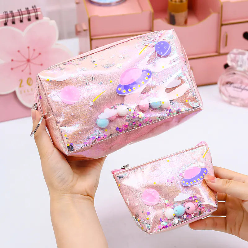 Makeup Bag with Glitter Coin Purse and Storage Pouch