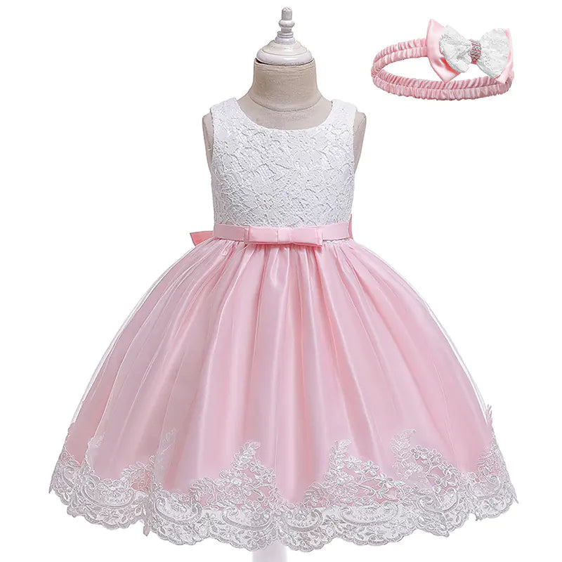 Children's Solid Color Bow Lace Dress