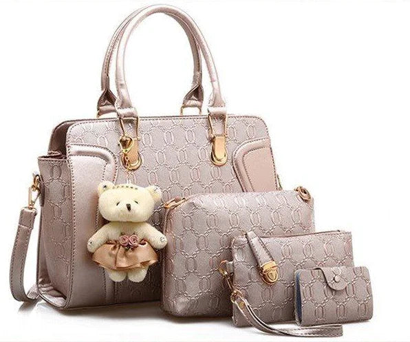 4-Piece Women's Versatile Handbag Set with Bear Bag