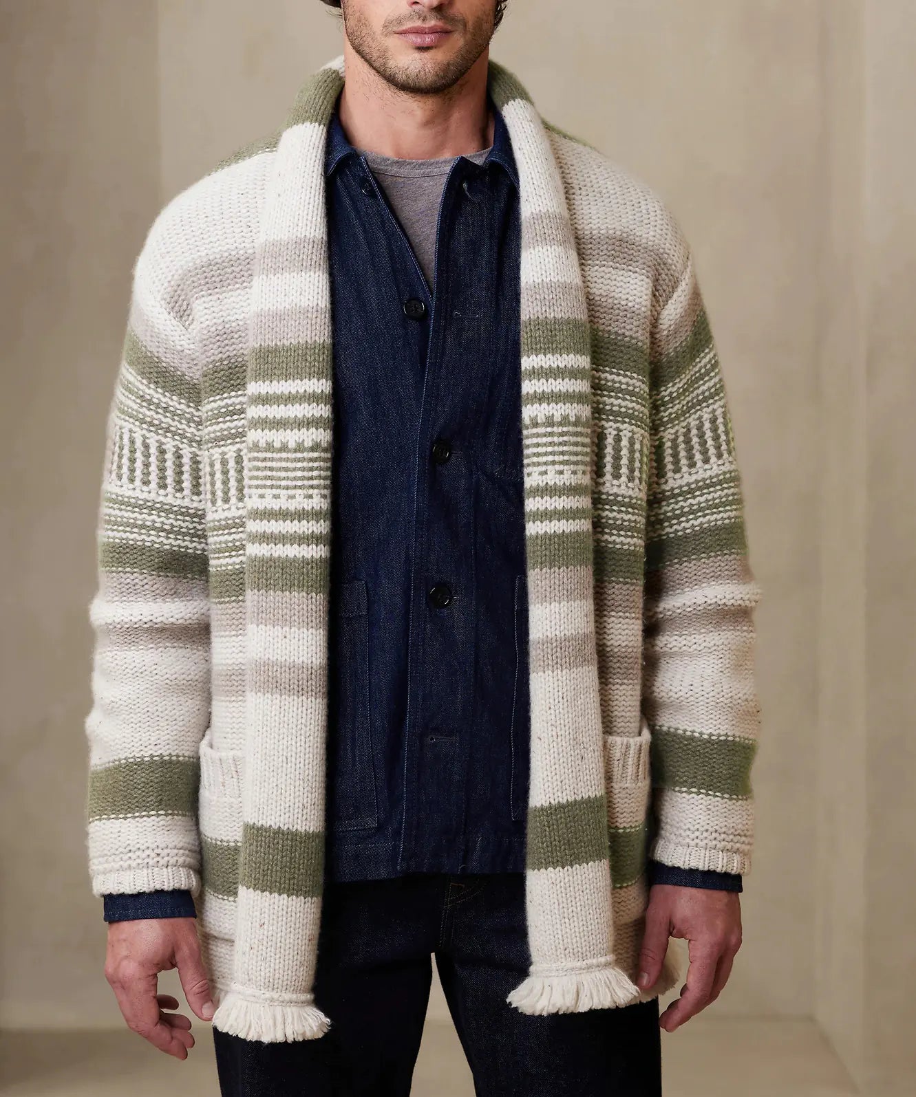 Striped Tassel Knit Cardigan for Men