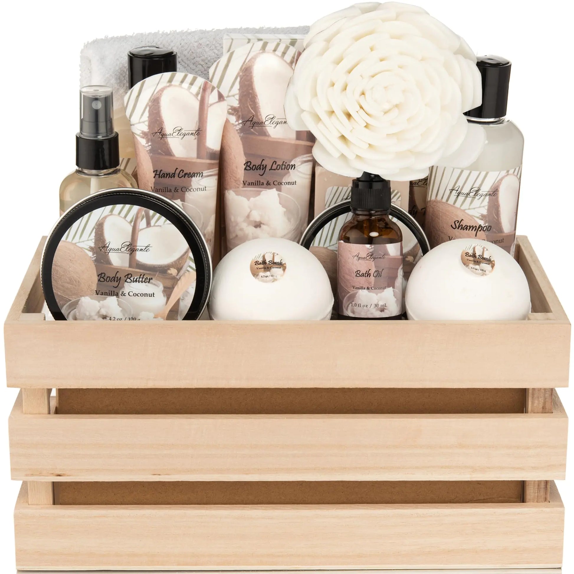 Bath Spa Gift Sets - Luxury Basket With Coconut & Vanilla - Spa Kit Includes Wash Bubble Bath Lotion Bath Salts Body Scrub Body Spray Shower Puff Bathbombs Soap and Towel
