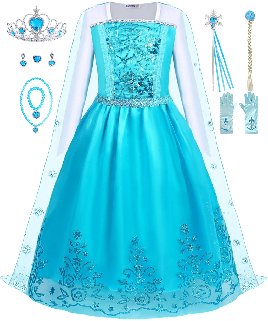 Aoiviss Princess Dress for Girls Blue Sequin Princess Dress Up Costume for Halloween Birthday Cosplay Fancy Party 7/150