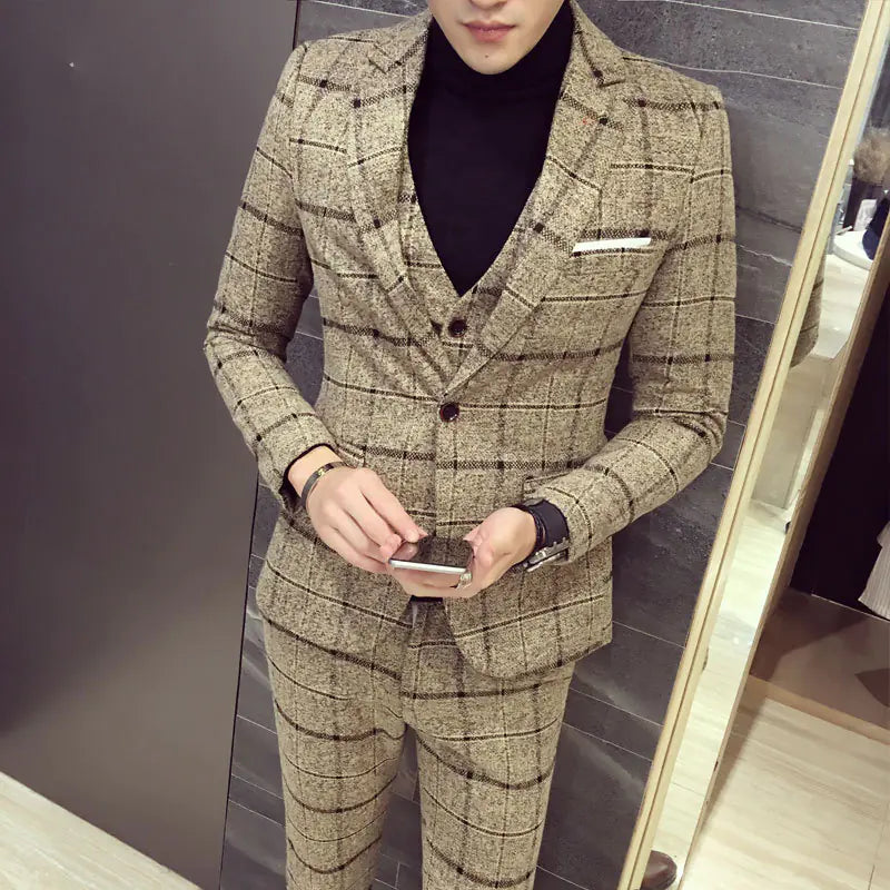 3-Piece Korean Slim Fit Men's Suit with Checkered Blazer